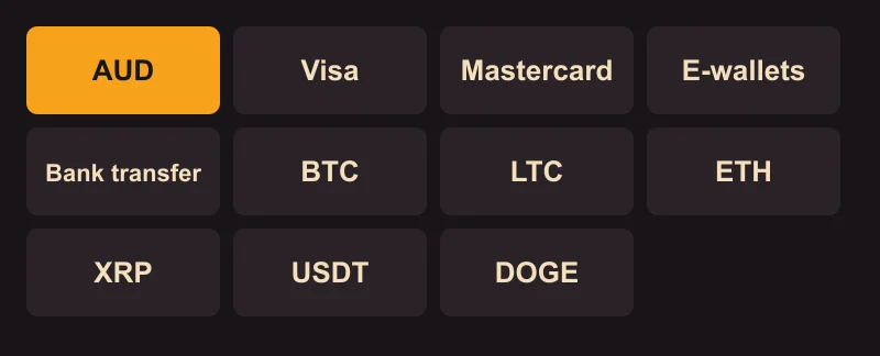 Asino Casino Australia cashier tiles: AUD, Visa, Mastercard, e-wallets, bank transfer, BTC, LTC, ETH, XRP, USDT and DOGE