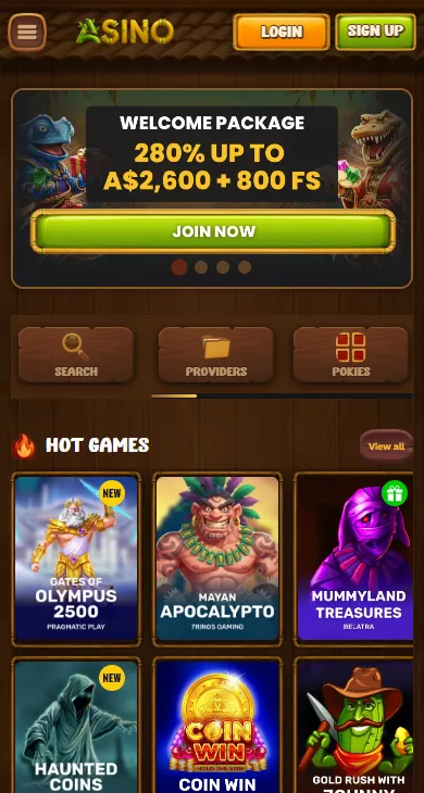 Casino Asino mobile lobby in a phone browser with Hot games