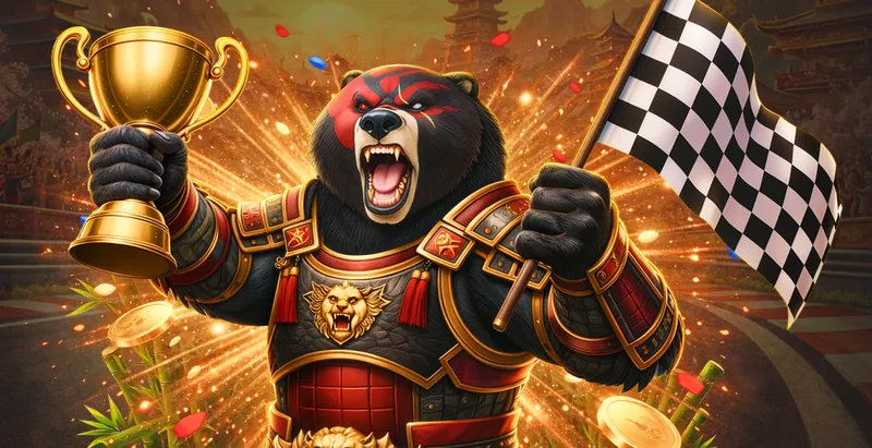 Asino Casino tournaments artwork: an armoured bear with a gold trophy and a chequered flag