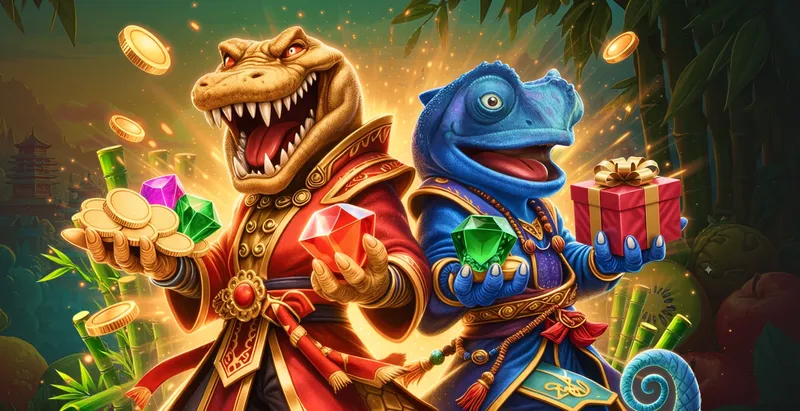 Asino welcome package banner with a crocodile and a chameleon holding gold coins and a gift